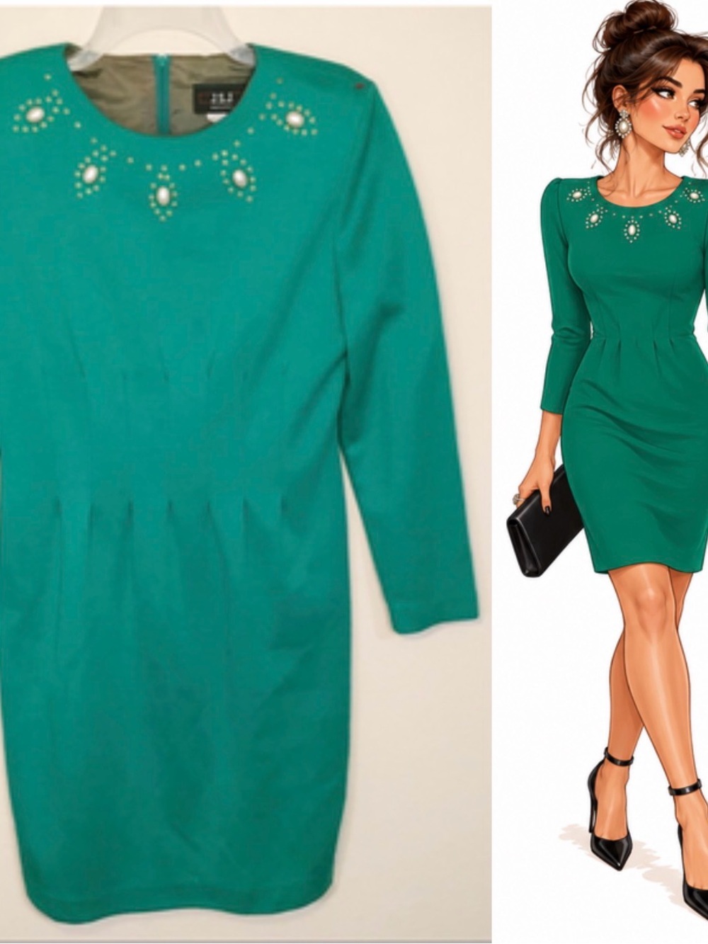 Vintage | Green dress with neckline beading